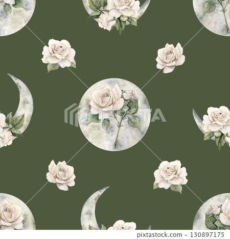White Roses with Crescent Moons. Watercolor hand painted Victorian floral seamless pattern on green background Garden flowers for mystery design home textile fabric crockery table cloth wrapping paper White Roses with Crescent Moons. Watercolor hand painted Victorian floral seamless pattern on green background Garden flowers for mystery design home textile fabric crockery table cloth wrapping paper 130897175