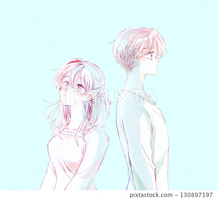 Crying woman and expressionless man standing back to back, upper body 130897197
