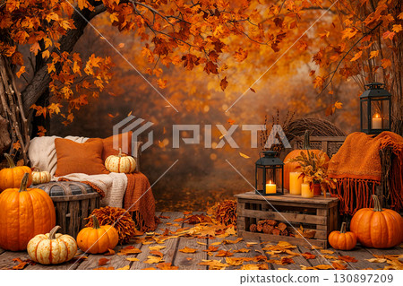 A charming and rustic outdoor scene with pumpkins, warm blankets, and glowing lanterns under a maple tree with beautiful falling leaves. A charming and rustic outdoor scene with pumpkins, warm blankets, and glowing lanterns under a maple tree with beautiful falling leaves. 130897209