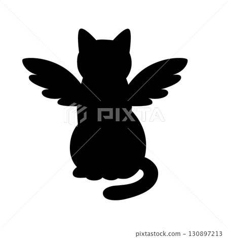 Black silhouette of cartoon cat with wings. Minimal vector fantasy animal illustration for creative and magical themes 130897213