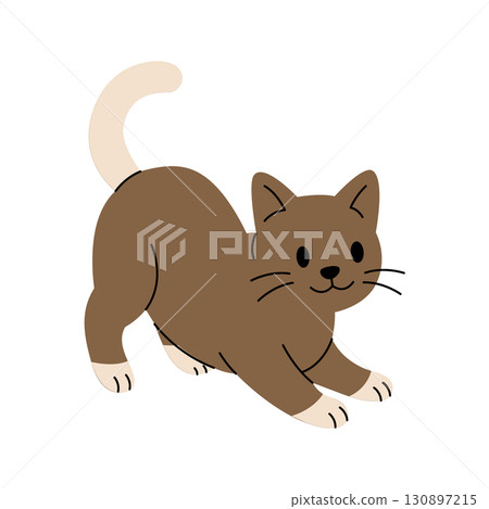 Playful brown cartoon cat stretching with smile. Flat vector cute kitten illustration for pet themes, kids and animal projects 130897215