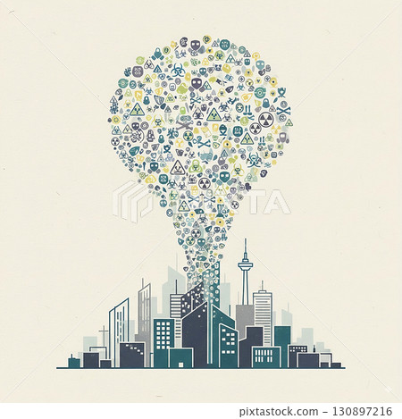 Conceptual vector illustration of a city skyline releasing smoke made of hazard and danger icons. Symbol of urban pollution, climate change, and environmental crisis. Vector illustration 130897216