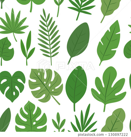 Seamless tropical leaf pattern. Flat vector foliage in green shades, botanical background design 130897222