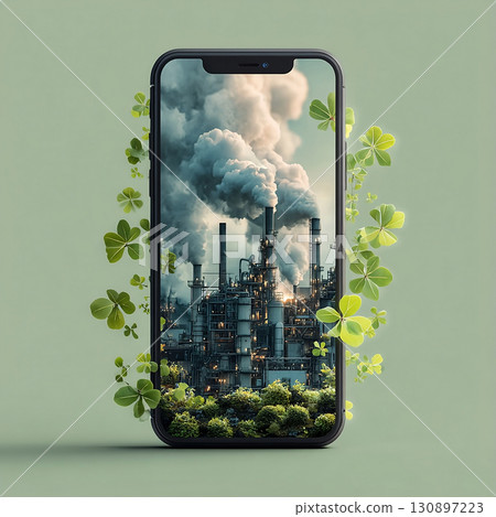 Creative illustration of a smartphone displaying a polluting factory with smoke, surrounded by green leaves. Symbol of technology, environment, and industrial impact.. Vector illustration 130897223