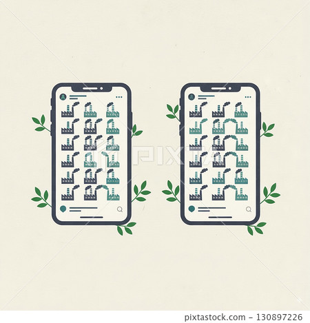 Minimal vector illustration of smartphones showing factory icons with smoke. Concept of digital consumption, industrial pollution, and environmental awareness. Vector illustration Minimal vector illustration of smartphones showing factory icons with smoke. Concept of digital consumption, industrial pollution, and environmental awareness. Vector illustration 130897226