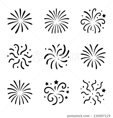 Black doodle style fireworks. Set of nine explosions isolated on white background 130897229