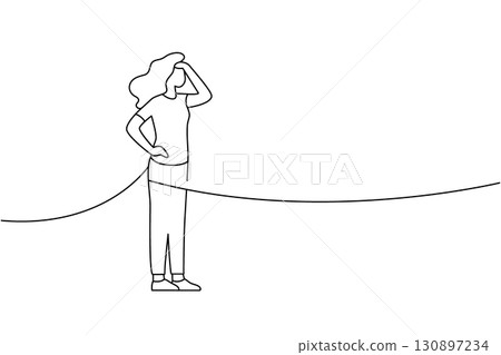 Minimalist contour of a woman standing with hand on forehead, gazing ahead. Simple line art for search and observation themes 130897234