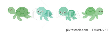 Sea turtle cartoon set. Cute style marine animals for ocean and wildlife designs 130897235