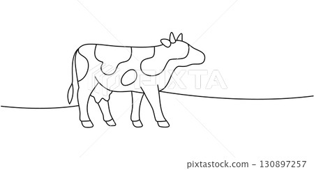 Minimal line art cow walking on hill. Continuous single-line vector with farm and dairy theme for clean modern visuals Minimal line art cow walking on hill. Continuous single-line vector with farm and dairy theme for clean modern visuals 130897257