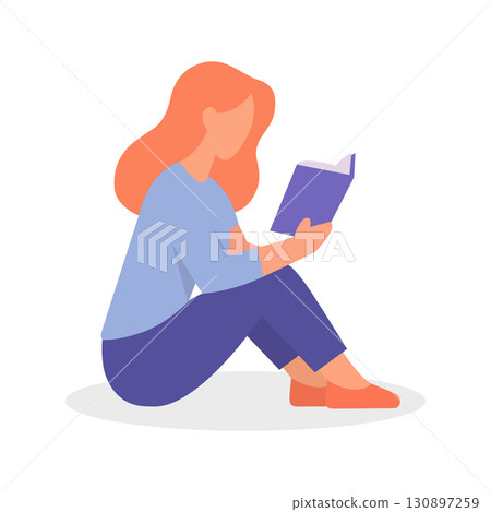 Red-haired woman sitting and reading a book in flat vector minimalist style, side view pose Red-haired woman sitting and reading a book in flat vector minimalist style, side view pose 130897259