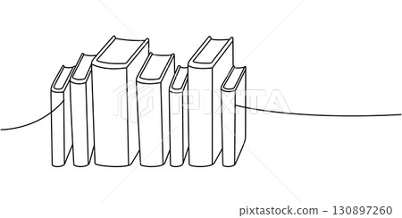 Minimalist line art of seven books, connected with a smooth flowing line Minimalist line art of seven books, connected with a smooth flowing line 130897260