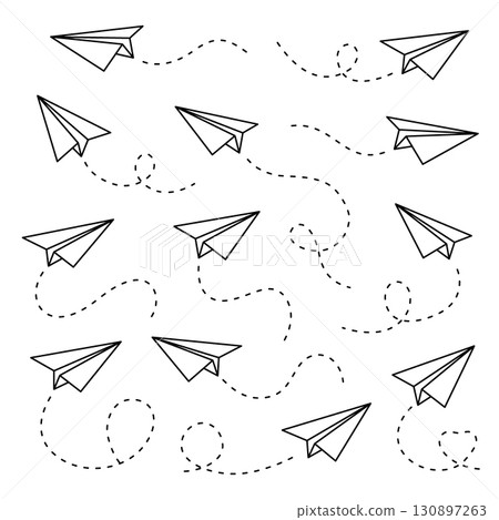 Minimalist paper airplanes with dashed flight paths. Linear black and white doodle set in dynamic motion, symbolizing freedom and travel 130897263