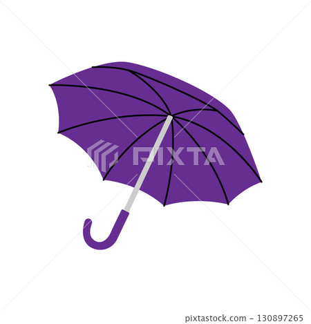 Minimalist illustration of a purple umbrella with curved handle, simple vector design symbolizing protection, rain, and stylish weather accessory 130897265