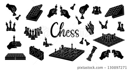 Solid black chess silhouettes with pieces, boards, and clocks in bold style Solid black chess silhouettes with pieces, boards, and clocks in bold style 130897271