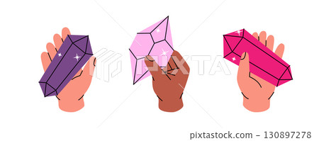 Set of hands holding crystals. Magic mineral crystals. Diamonds, brilliants, quartz, minerals, crystals and gems. Vector illustration. 130897278