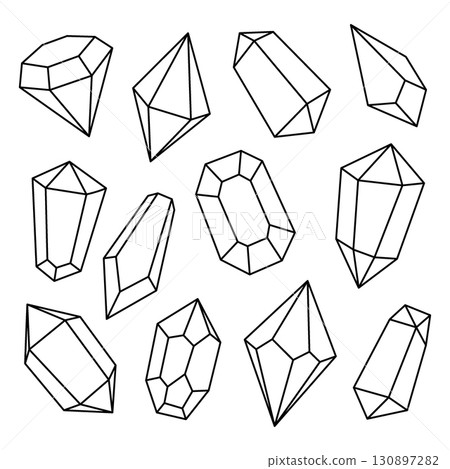 Crystals outline set. Gemstones, amethyst, ruby, sapphire, emerald, topaz and quartz. Vector illustration Crystals outline set. Gemstones, amethyst, ruby, sapphire, emerald, topaz and quartz. Vector illustration 130897282