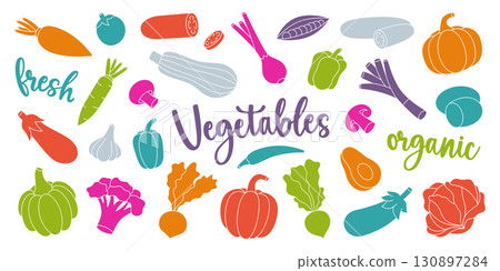Vegetables set. Healthy eating. Organic vegetables design for farm company or food packages design. Vector illustration. 130897284
