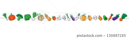 Vegetables set one line colored continuous drawing. Tomato, garlic bulb, mushroom, avocado, pumpkin, broccoli, cabbage, zucchini, onion, radish 130897285