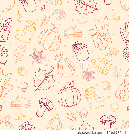 Autumn Seamless Pattern with Pumpkins, Leaves, Fox and Mushrooms 130897344