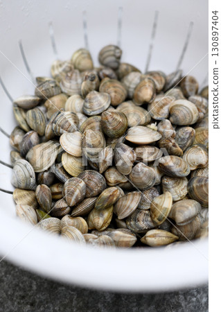 Close up view of shellfish washing in plastic colander 130897404