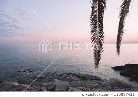 Morning view on Mediterranean sea water with palm leaves 130897421