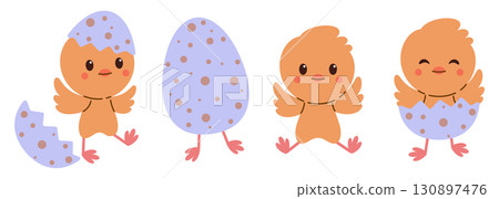 Easter, spring. Cute baby chicks hatching from spotted eggs set. Adorable little chickens in different poses. Funny farm animals for Easter, spring, kids, nursery illustrations 130897476