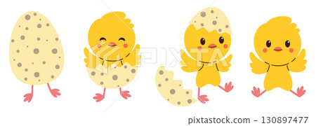 Happy Easter illustration with cute baby chick hatching from spotted egg. Adorable chickens in different poses. Festive spring holiday design perfect for kids, nursery, farm and celebration themes 130897477