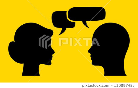 Silhouette of man and woman faces with speech bubbles on yellow background. Concept of communication, dialogue, talking, discussion, conversation, relationship, social interaction, psychology teamwork 130897483