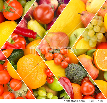 Assorted fresh fruits and vegetables in a vibrant collage. 130897489