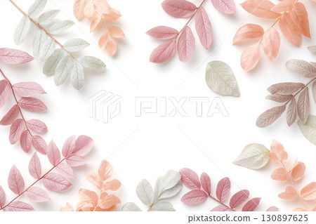A versatile template featuring a frame of soft pastel leaves, perfect for text, invitations, or product presentation. 130897625