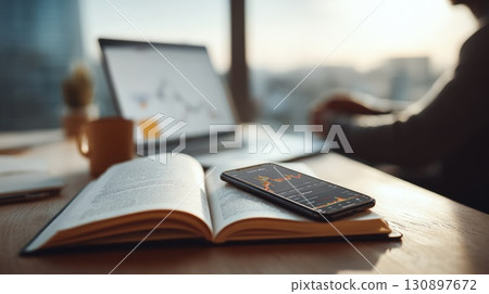 Smartphone Displaying Stock Data on a Desk With Book and Laptop 130897672