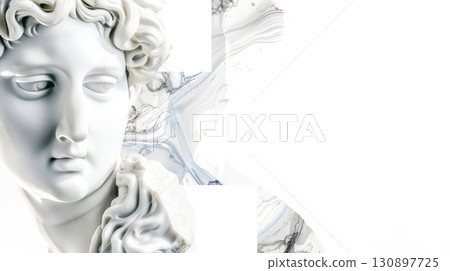 Classical marble statue fused with abstract marble patterns, blending tradition and modernity in conceptual art style. Ideal for promoting art exhibitions, creative projects, or museum branding 130897725