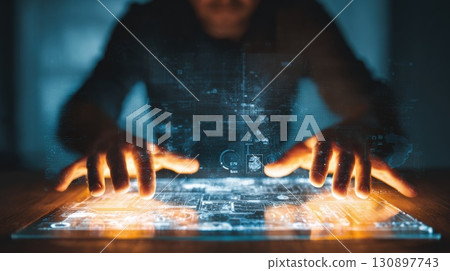 Hands Interacting with Futuristic Touchscreen Interface in a Dark Environment Hands Interacting with Futuristic Touchscreen Interface in a Dark Environment 130897743