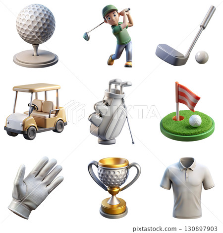 3d golf icons collection, club, ball, tee, bag, golf cart, winner trophy, sports equipment set isolated on transparent background 130897903