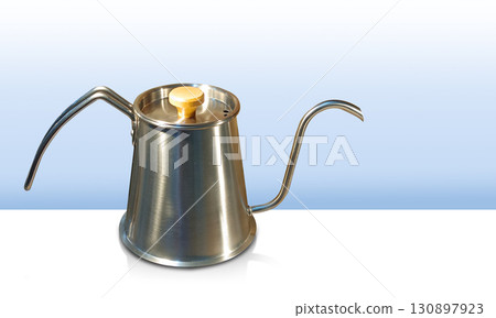 side view Stainless steel kettle, stainless steel lid and wooden on white floor, gradient blue and white background, object, decor, fashion, kitchen, copy space 130897923