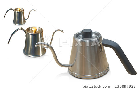 side view three Stainless steel kettle stacked , stainless steel lid and wood and lid black on white floor, on white background, object, decor, fashion, kitchen, copy space 130897925