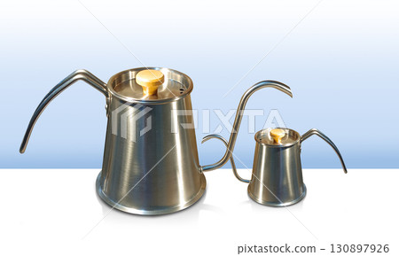 side view two large and small Stainless steel kettle, stainless steel lid and wooden on white floor, gradient blue and white background, object, decor, fashion, kitchen, copy space 130897926