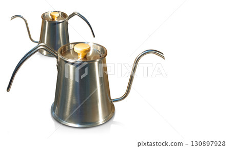 side view two large and small Stainless steel kettle, stainless steel lid and wooden on white floor, on white background, object, decor, fashion, kitchen, copy space 130897928