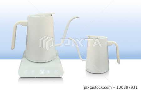 side view white electric kettle on a white electric stove and side view small white electric kettle on white floor, gradient white and blue wall background, technology, object, electric , copy space side view white electric kettle on a white electric stove and side view small white electric kettle on white floor, gradient white and blue wall background, technology, object, electric , copy space 130897931