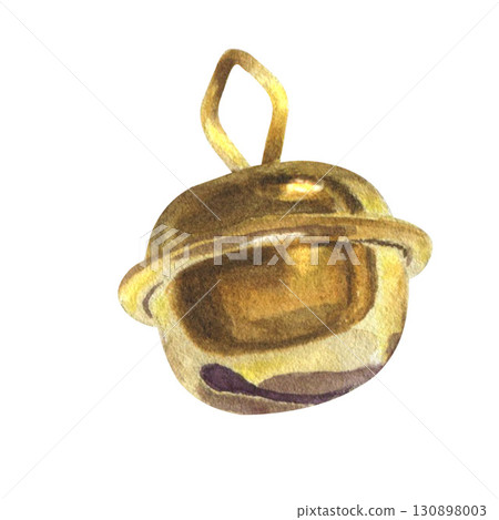 Watercolor illustration, isolated. Golden, shiny Christmas tree bell. For decorating the Christmas tree, home, cards, gifts. 130898003