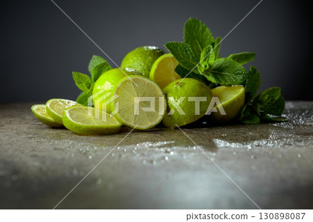 Lime slices and fresh mint branches on a stone table. 130898087