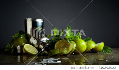 Shaker, lime slices, and fresh mint branches. Shaker, lime slices, and fresh mint branches. 130898088