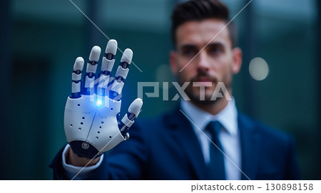 Futuristic man with robotic hand showcasing technology in a modern urban setting during daytime 130898158