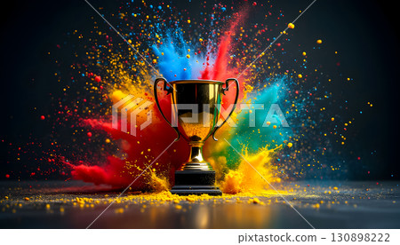 Vibrant colors burst around a trophy symbolizing achievement and celebration in a dynamic and creative setting 130898222