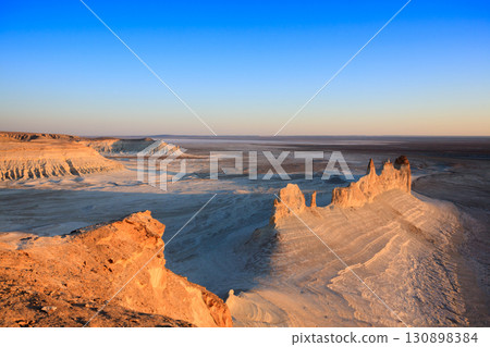 Stunning Mangystau landscape, Kazakhstan. Ak Orpa pinnacles view, Bozzhira valley 130898384