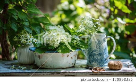 Vintage floral still life with hydrangea and wildflowers in rustic containers 130898385
