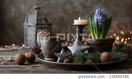Rustic Christmas still life with blooming white hyacinths 130898386