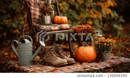 Cozy rustic autumn scene on a wooden bench outdoors 130898389