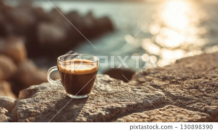 A glass cup of espresso placed on a rugged stone surface 130898390