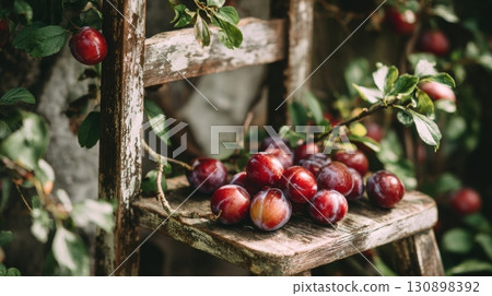 Fresh ripe plums on an old wooden chair in a garden 130898392